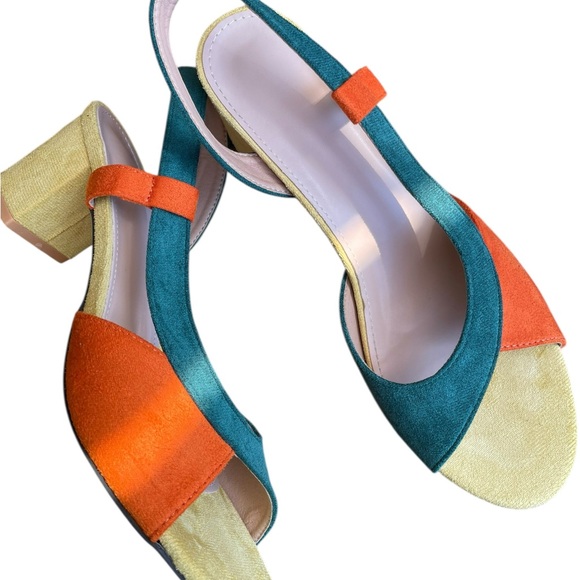 Shoes - Colorblock Suede Open-Toe Sandals in Green, Orange & Yellow US Size 9